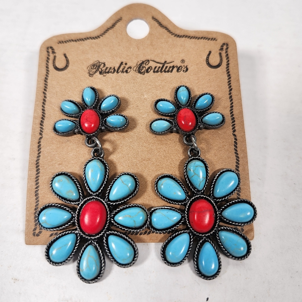 Rustic Couture's blue/red floral drop earrings